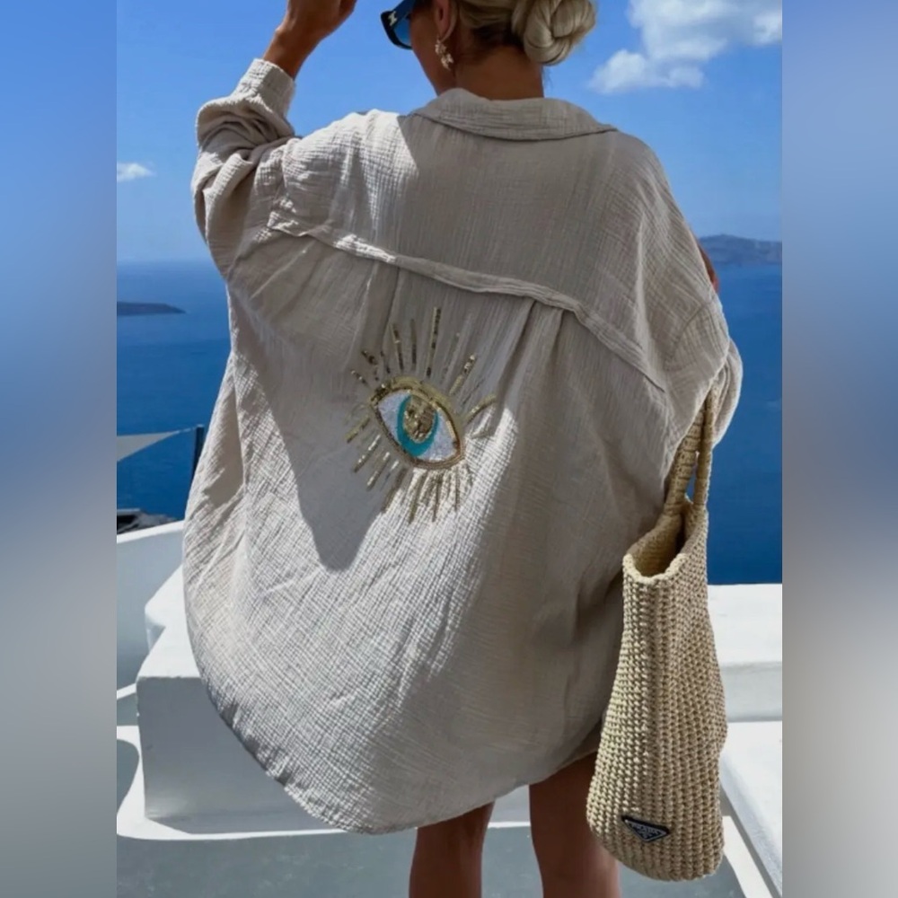 Evil Eye Cotton Gauze Tunic Blouse - Picture 3 of 6